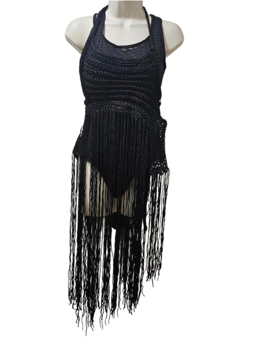 BLACK HAND CRAFTED CROCHET FRINGE HALTER TOP VNECK 2-WAY FESTIVAL BEACH COVER UP - Picture 13 of 17